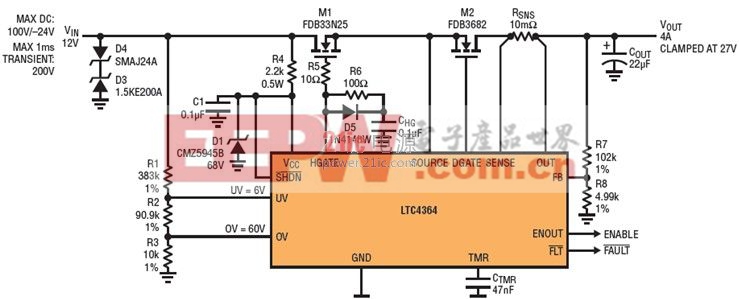 Pg电子游戏：具理想二极管的浪涌抑制器可保护输入和输出(图2)